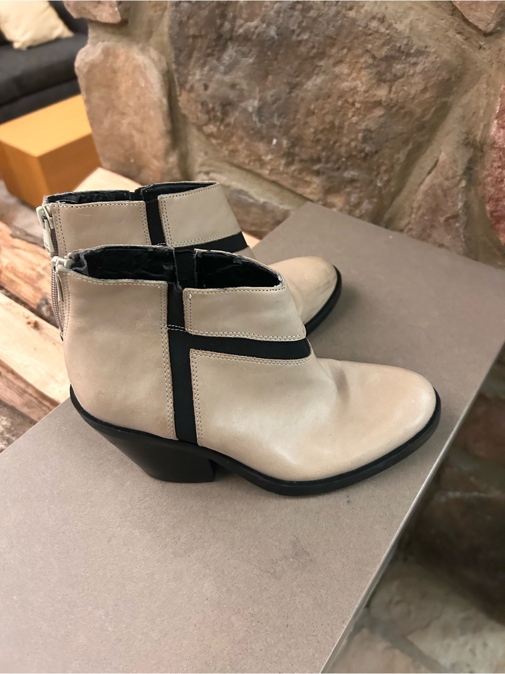 Booties by NAYA Women’s Beige Ankle Booties with Black Accent 6.5M